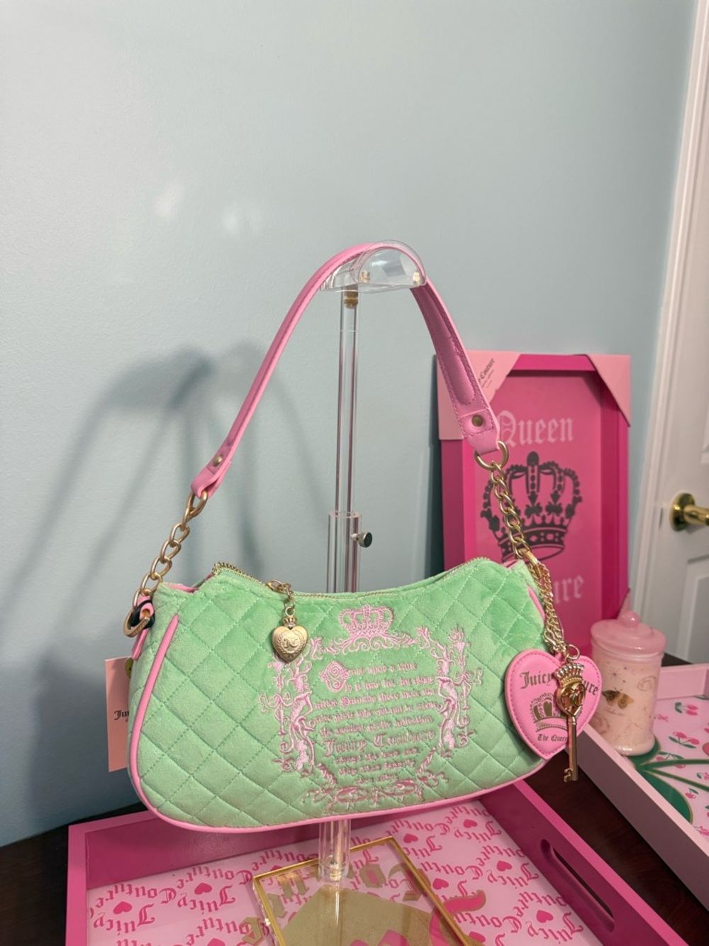 Juicy Couture Mint Green Quilted Shoulder Bag with Pink Trim